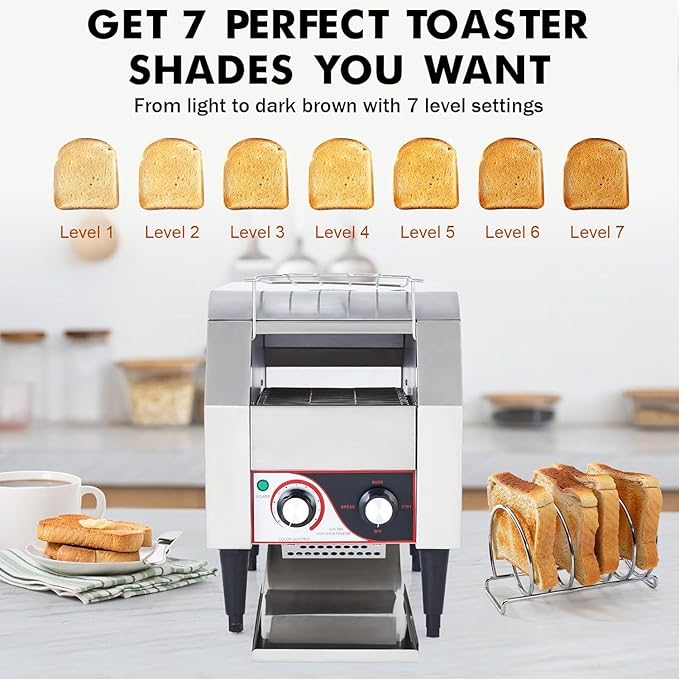 Commercial Conveyor Toaster, 150 Slices/Hour Stainless Steel Toaster Oven with Dual Heating & 7-Speed Belt for Bagels/Buns/Bread in Cafes/Buffets