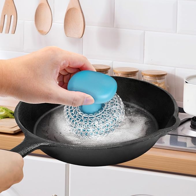 Purgreat Cast Iron Scrubber | Dish Scrub Brush | 316 Cast Iron Cleaner Chainmail Scrubber for Pan Skillet Cleaner - Blue