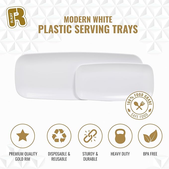 4 Pack Plastic Serving Trays for Party - White Serving Tray 10 by 5.5 in - Heavy Duty Dessert Trays for Food - Rectangular Party Serving Trays - Premium Party Trays - White Platters