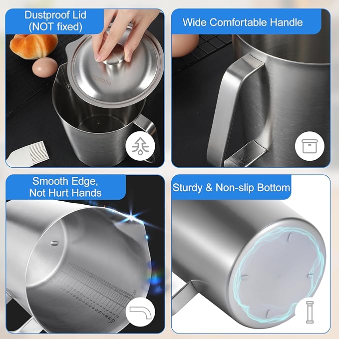SHENLIU Stainless Steel Pitcher with Lid, 70 oz Metal Measuring Cup with Marking and Handle, 2 L Large Mouth Graduated Beakers, Milk Frothing Jug for Iced Tea, Espresso, Latte Art, Hot & Cold Water