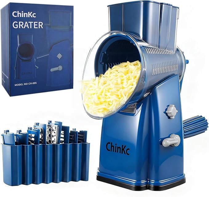 Upgrade Rotary Cheese Grater Shredder with Handle, Strong Suction Base, Multi-purpose Rotary Grater Slicer with 5 Interchangeable Blades for Ice, Vegetables, Fruit, Nuts with Blade Storage Box