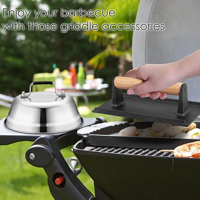 HaSteeL Melting Dome & Burger Press for Griddle, Stainless Steel 9In Basting Cover & Heavy Duty 8 x 4In Wooden Grill Press, Griddle Accessories Set Perfect for Flat Top Teppanyaki Cast Iron Outdoor