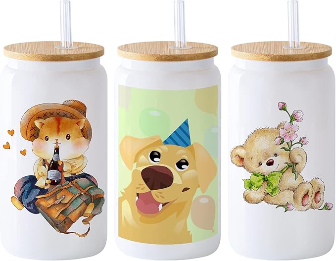 YOUKE OLA 20 Pack Sublimation Blank White Glass Cans Sublimation Beer Glass Cups with Bamboo Lids Borosilicate Glasses Tumbler Mason Jar Cups Mug with Straw for Beer, Juice, Drinks 16oz White