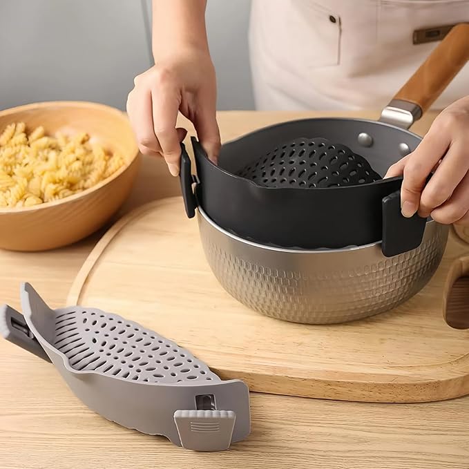 2 PACK Silicone Clip-on Strainer - Fits Pots, Pans & Pasta, Hands-Free Food Strainer for Ground Beef, Spaghetti, Pasta, Compatible with All Bowls and Pots (Black,Grey)
