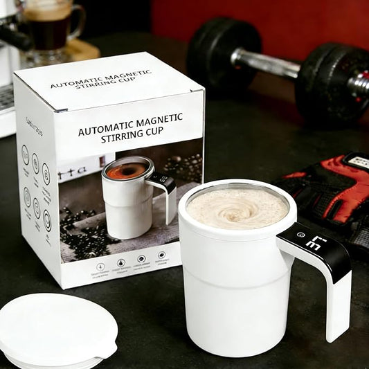 Electric Coffee Mug with a Built-in LCD Thermometer, Perfect for Protein Powder, Brewing Coffee, Milk, Cocoa, Etc, Self Mixing Coffee Mug (White)