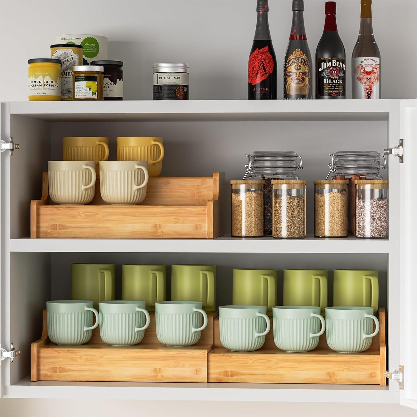 2-Tier Expandable Coffee Mug Holder, Mug Organizer for Kitchen Cabinets, Bamboo Mug Cup Rack, Multi-Functional Cup Holder Shelf, Coffee Bar Organizer, Home