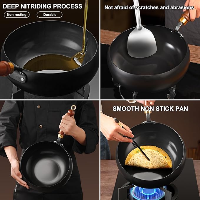 UMETRE Carbon Steel Wok Pan, 10.2" Woks & Stir-Fry Pans with Glass Lid Cookwares, Nonstick Wok Flat Bottom Small Handmade Chinese Wok For for All Stoves