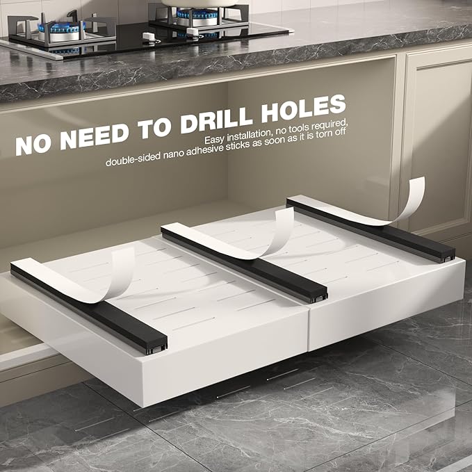 2 Pack Pull Out Cabinet Organizer 19" Deep,Full Extension 3 Slide Rails Slide Out Drawers With Raising Pad for Framed Cabinets,Expandable Width (15.4"-26.2"),No Drill Roll Out shelf,White