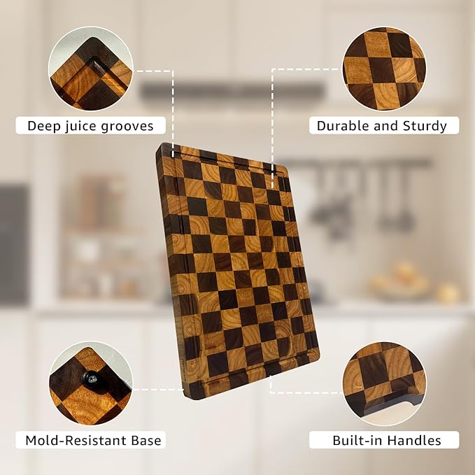 Acacia Wood Cutting Boards for Kitchen, Checkered Chopping Board with Juice Grooves & Handles, Large Butcher Block Serving Tray with Non‑Slip Feet, 14" × 11" × 1.5"