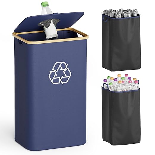 SpaceAid Recycling Bin for Kitchen 26 Gallon, 100L Recycle Bin with Lid and 2 Reusable Inner Bags, for Bottle Can Glass Plastic Stickers, Blue