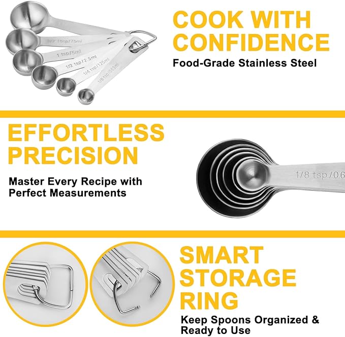 Stainless Steel Measuring Spoons Set, 6 Piece Metal Measuring Spoon Set for Dry & Liquid Ingredients, Heavy Duty 18/8 Steel with Engraved US & Metric Marks, Nesting Kitchen Spoons for Cooking Baking