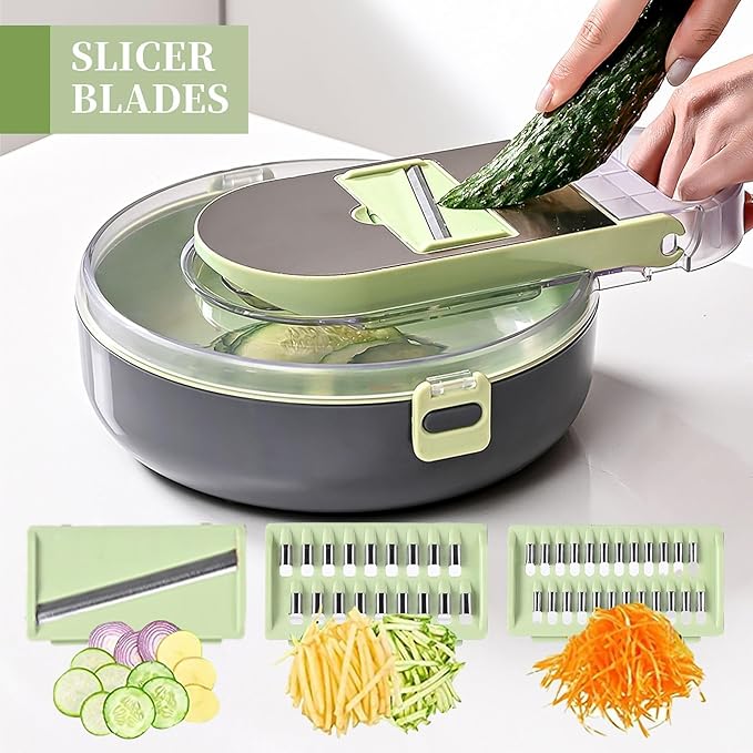 Vegetable Chopper, Onion Chopper, Mandoline Slicer, 9 in 1 professional Veggie Chopper and Slicer, Cucumber Slicer, Potato Slicer, Dicing Machine, Adjustable Veggie Chopper with Container and Lid