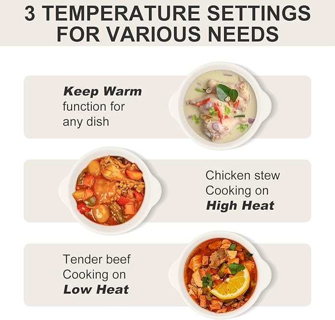 MAGNIFIQUE Small 5 Quart Round Casserole Programmable Slow Cooker with Glazed Ceramic Liner, Food Warmer Perfect Kitchen Small Appliance for Family Dinners, White