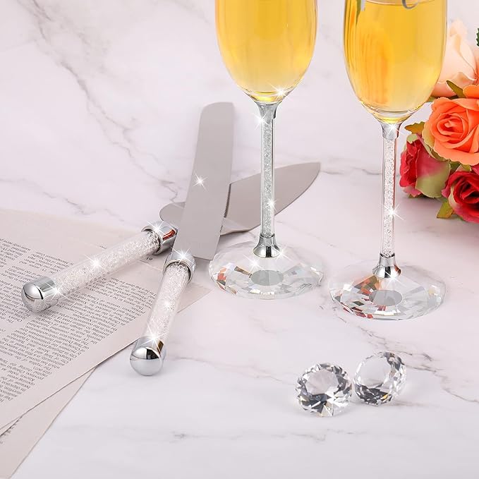 Wedding Cake Knife and Champagne Flutes Server Set | Bride & Groom Champagne Glasses | Toasting Glasses for Parties and Cake Cutting Set – for Wedding, Engagement, Bridal Shower Gifts(Silver)