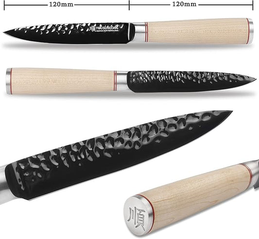 YOUSUNLONG Kitchen Utility Knife 5 Inch - Paring Fruit Knife Sharp Blade - AUS8 Black Titanium Nitride Coating HRC Steel - Natural Canadian Maple Wood Handle
