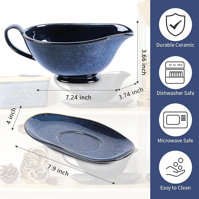 Vicrays Gravy Boat with Saucer - Large 17oz Ceramic Sauce Boat with Tray Set of 2 for Turkey Salad Dressings Creamer Milk Broth - Thanksgiving Christmas Holiday Serving Dishes - Blue