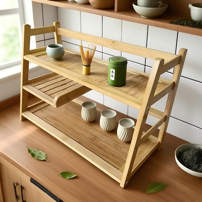 3 Tier Bamboo Matcha Station, coffee station organizer Shelf with Drawer for Kitchen Countertop, Tea Bar - Matcha Powder, Tools & Cup Organizer for Matcha Lovers, Home Baristas.