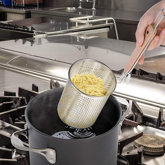 2 Pack Pasta Basket for Boiling Stainless Steel Food Strainer with Wood Handle Spaghetti Spoon Fine Mesh Colander for Pasta Noodle Dumpling (4.5"D x 14.6"H)