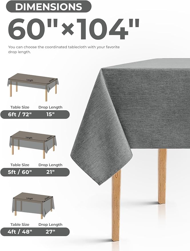 Faux Linen Farmhouse Table Cloth 60"x104" for 6 ft Rectangle Table, Dark Grey Waterproof Outdoor Washable Cloth Tablecloth for Rectangular Dining Room Kitchen Outdoor Party Restaurant Table
