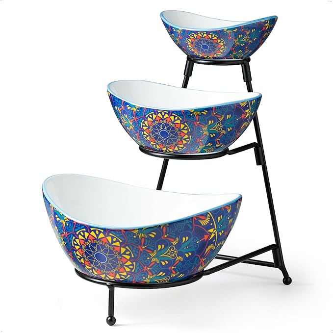 YHOSSEUN 3 Tier Serving Bowls, Tiered Serving Platter and Trays Serving Dishes for Entertaining, Oval Serving Bowl Set with Metal Stand