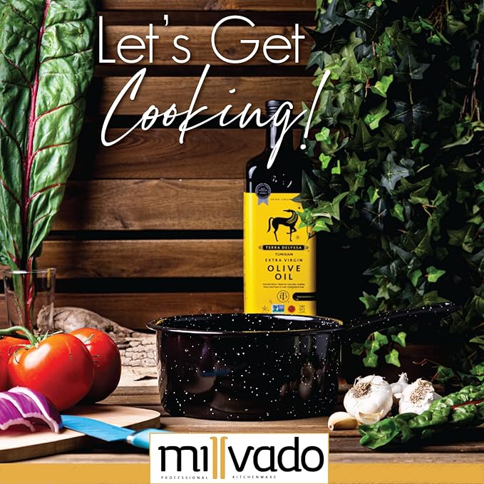 Millvado 2 Quart Granite Saucepan, Naturally Nonstick Sauce Pots, Speckled Enamel Ware Cookware, Small Sauce Pan for Cooking and Boiling - Granite Cooking Pot for Stovetop, Campfire, Outdoor Stove