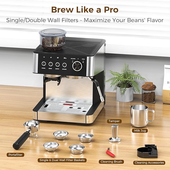 Electactic (2025 Upgrade Espresso Machine with Grinder, 20 Bar Professional Espresso Coffee Machine with Anti-Clog Design, Built-in Milk Frother Steam Wand-Perfect Cappuccino & Latte Maker for Home