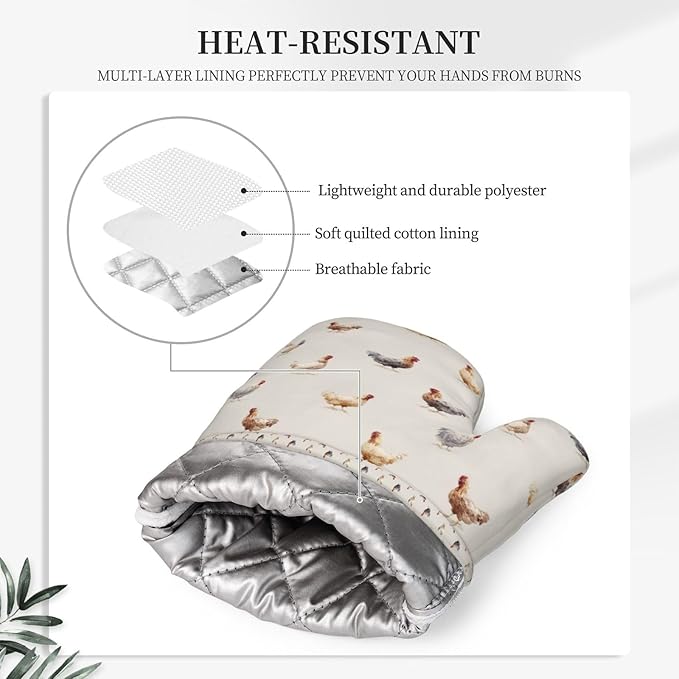 Oven Mitts and Pot Holders Chicken Pattern Silicone Kitchen Accessories Set of 4 Heat Resistant Long Gloves Potholder Non-Slip Grip for Chef Cooking Baking Grilling BBQ