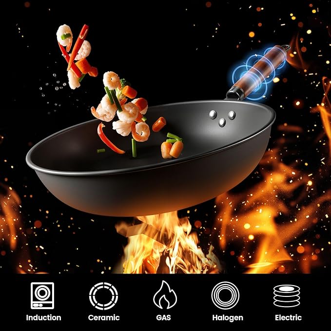 Abangdun 1700W 120V Wok Induction Cooktop,Non-Pulse Heating,16 Levels,18H Timer,13.4" Nitrided Carbon Steel Wok Set w/Lid&Steaming Rack,Round-Bottom Wok+ Flat Pan Compatible (<9"), Wok-Style Stir-Fry