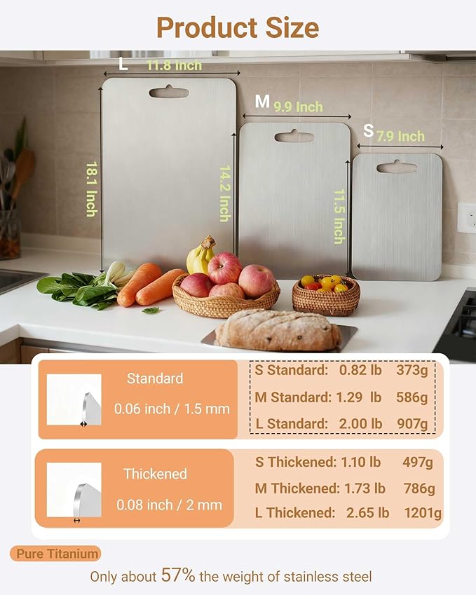 Titanium Cutting Boards for Kitchen,Pure Titanium Double Sided,Dishwasher Safe,Food-Grade Metal Chopping Board for Camping & Suitable for Meat,Charcuterie,Vegetables & Fruits(S+M+L 0.06")