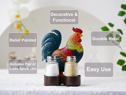Rooster Salt and Pepper Shakers Set - Two Glass Shakers With Lids, Vintage Metal Rooster Holder Caddy For Spices And Seasonings, For Kitchen, Dining Or Table Decor (rooster)