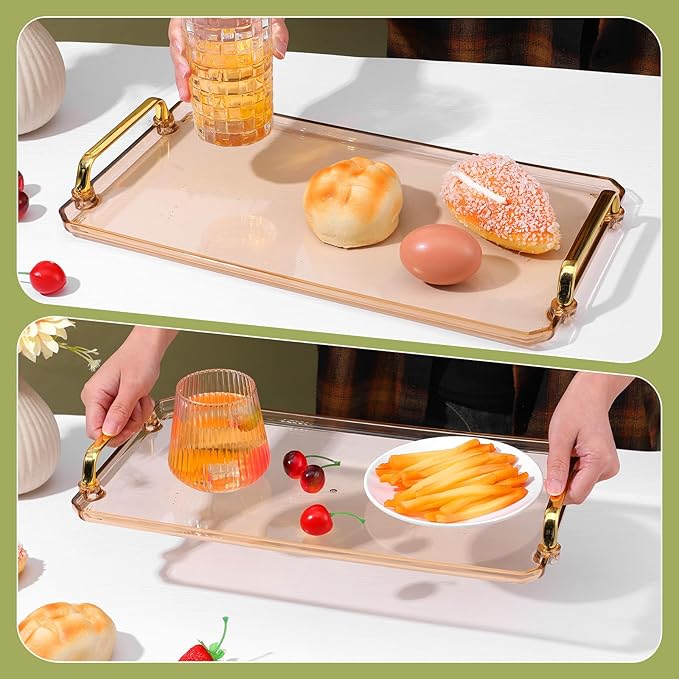 2PCS Serving Tray with Golden Handles, Reusable Plastic Decorative Trays for Party Kitchen Bathroom Dessert Table Cupcake Display, Modern Style Amber Drink Coffee Tea Tray for Countertop