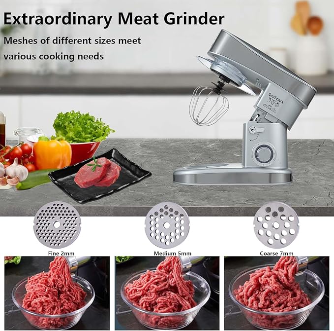 SeaSpark Multifunctional Stand Mixer, 6 in 1 Stand Mixer, 6.3Qt Tilt-head, Standing Mixer with Stainless Steel Bowl, Meat Grinder, Juice Blender, for professional Baking and Most Home Cooks, Silver