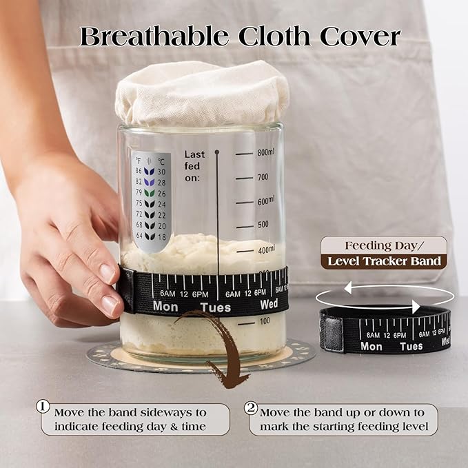 Sourdough Starter Kit,34oz Sourdough Starter Jar Glass with Sourdough Recipes Cookbook.Sourdough Bread Baking Supplies with Thermometer,Natural Wooden Lid, Anti-slip Mat,Sourdough Jar scraper (2 pack)