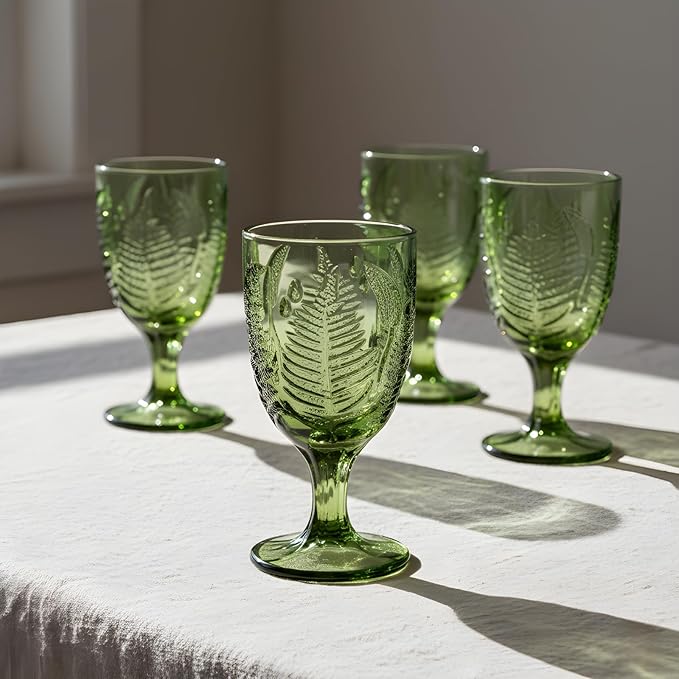 Green Glass Goblets Set of 4, 10 oz Stemmed Wine Glasses, Hand-Pressed Vintage Glassware, Fern Embossed Colored Stemware, Boho Aesthetic Textured Drinkware, Retro Home Decor Gift Set for Housewarming