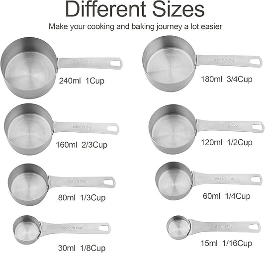Smithcraft Measuring Cups and Spoons Set, 18/8 Stainless Steel Measuring Cups and Spoons for Kitchen & Baking, Heavy Duty Metric & US 8 Measuring cups, 9 Measuring Spoons Set