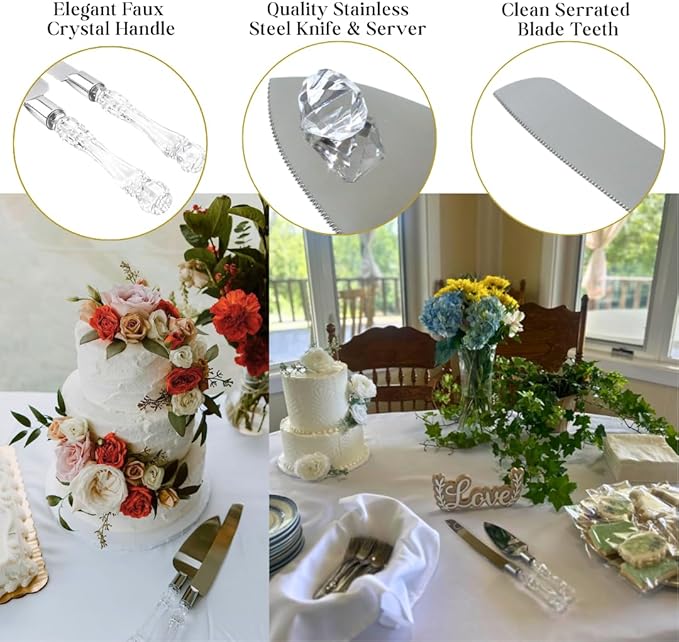 Adorox Elegant Cake Knife and Server Set Stainless Steel with Crystal Handle - Perfect for Weddings Anniversaries,and Special Celebrations (Sliver)
