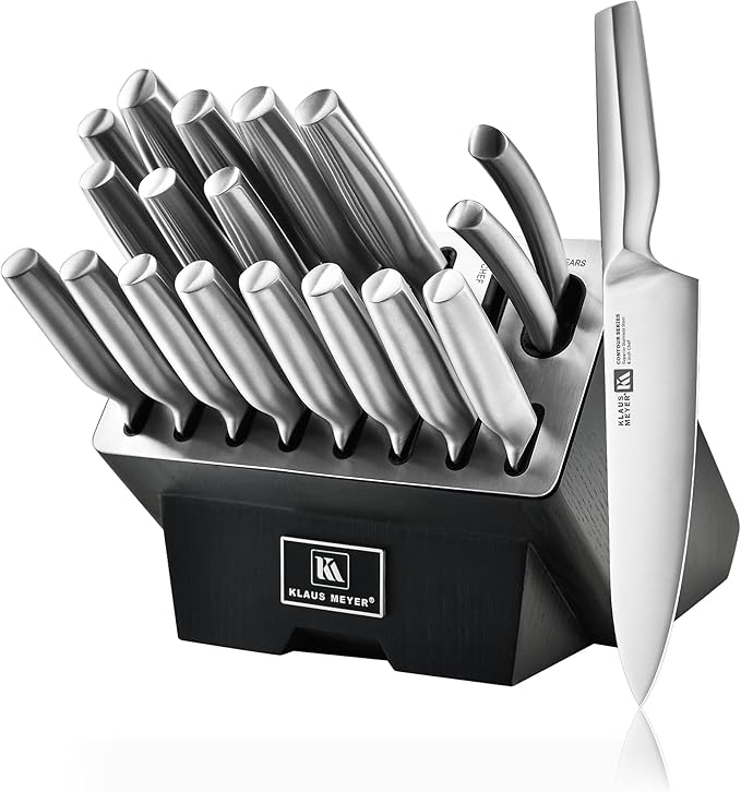 Klaus Meyer 19 Piece Contour High Carbon Stainless Steel Kitchen Knife Set with Knife Sharpener Non-Slip Handles Knife Set with Block