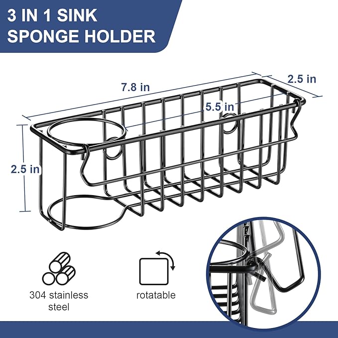 3-In-1 Sponge Holder for Kitchen Sink, 2 Type Suspension Options (Suction Cups & Adhesive Hook), Hanging Sink Organizer Rack - Sponge, Dish Cloth, Brush, Scrubber, 304 Stainless Steel - Black
