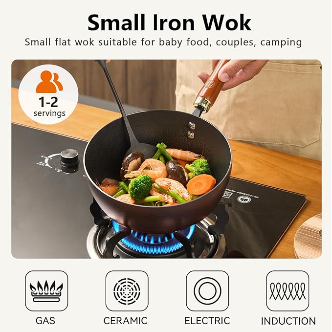 WANGYUANJI Carbon Steel Wok with Lid, 8.7" Small Mini Wok Pan, Thickened Heavy Duty Flat Bottom for Deep Frying, Camping & Solo Meals, Induction Ready, Seasoning Required