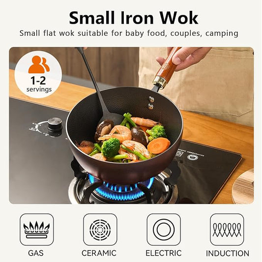 WANGYUANJI Carbon Steel Wok with Lid, 8.7" Small Mini Wok Pan, Thickened Heavy Duty Flat Bottom for Deep Frying, Camping & Solo Meals, Induction Ready, Seasoning Required