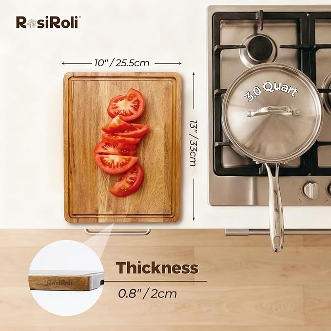 RosiRoli Acacia Wood Cutting Board for Kitchen - 13"x10" Everyday Chopping Board with Handles and Juice Grooves, Soild Wood Serving Tray for Cheese & Meat, Ideal Gift for Housewarming & Christmas