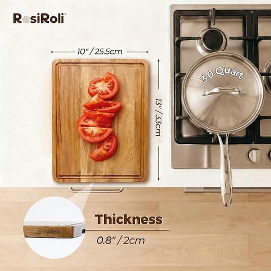 RosiRoli Acacia Wood Cutting Board for Kitchen - 13"x10" Everyday Chopping Board with Handles and Juice Grooves, Soild Wood Serving Tray for Cheese & Meat, Ideal Gift for Housewarming & Christmas