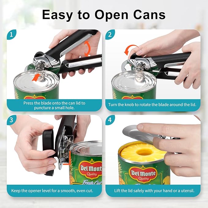 Ultrean Manual Can Opener Bottle Opener, Thickened Heavy-Duty Stainless Steel Construction, Durable and Built to Last, Smooth Edge, Ergonomic Handles, Rust Resistant, Oversized Easy-Turn Knob-Black