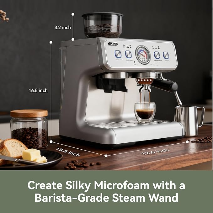 Gevi Dual Boiler Espresso Machine with Built-in Grinder, 58mm Commercial Portafilter, Barista Steam Wand, 31 Grind Settings, Stainless Steel, for Home Barista Use, Sterling Silver