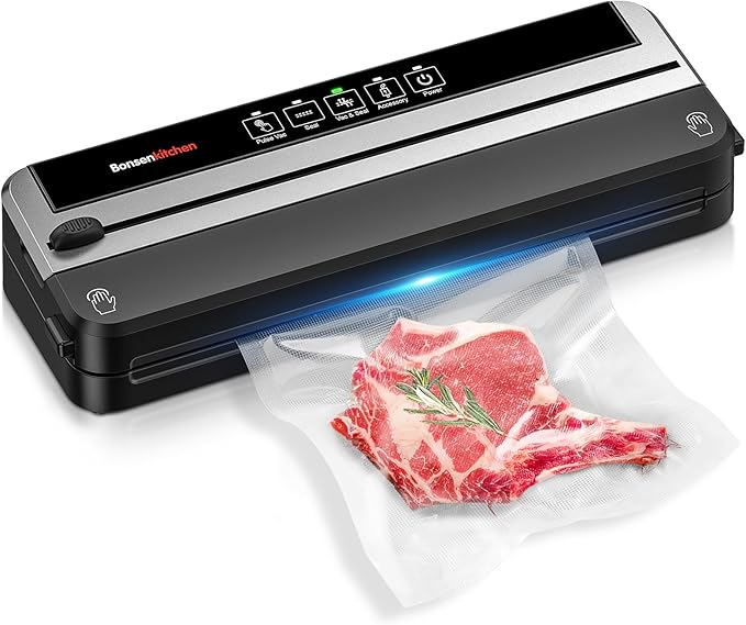 Bonsenkitchen Vacuum Sealer Machine, Built-in Cutter | Multifunctional Food Sealer for Sous Vide & Meal Prep, 5 Pre-Cut Bags, Silver-Black
