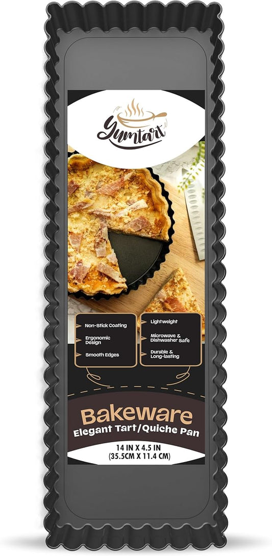 YUMTART 14 Inch Rectangular Tart Pan with Removable Bottom - Non-Stick, Deep Fluted for Tarts, Quiches, and Pies