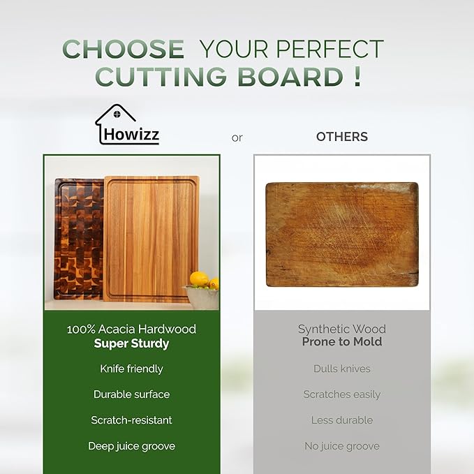 Howizz Acacia Wood Large Cutting Board, Thick End Grain Solid Wood Butcher Block For Kitchen, Non Toxic Pre-Oiled Carving Tray w/Juice Grooves and Easy Grip Handle, 20"x15"x1.5" (Gift-Ready Box)