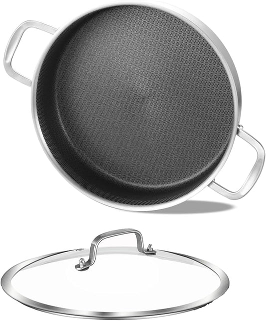 LOLYKITCH 3 QT Tri-Ply Stainless Steel Non-Stick Sauté Pan with Lid,Small Skillet,Jumbo Cooker,Induction Cooking Pan,Dishwasher and Oven Safe.