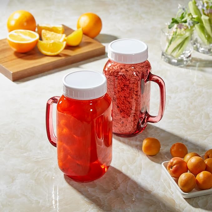 DRASTAR 24oz Drinking Glasses with Handle, Mason Jar with Lid and Straw, Mason Jars with Regular Mouth, Iced Coffee Cups, Pink