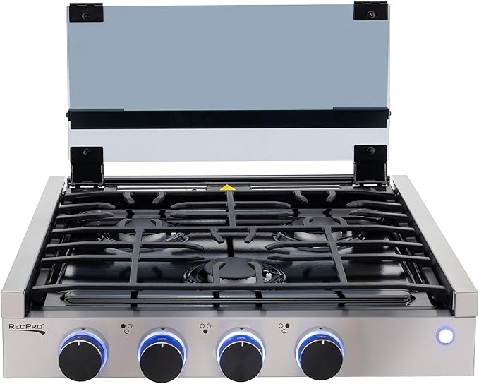 RecPro RV Built In Gas Cooktop | 2 Burner or 3 Burner | RV Cooktop Stove | 6,500 and 8,000 BTU Burners | Cover Included (Stainless Steel, 3-Burner)